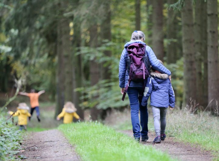 Aikuinen ja lapsia kävelee metsätiellä. / Family walking in a forest.